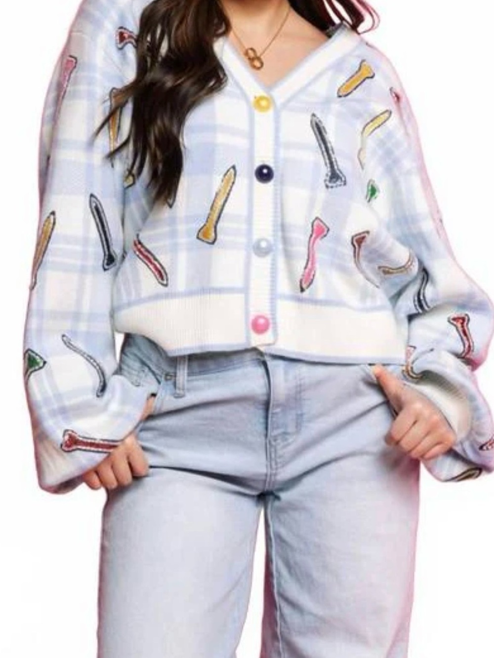 NWOT Queen of Sparkles Plaid Blue/White Button up Sweater w/Multicolor Golf Tees